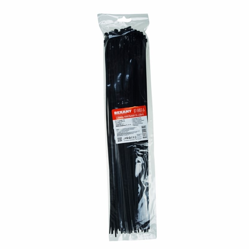 Хомут-стяжка кабельная нейлоновая REXANT 450 x4,8 мм, черная, упаковка .