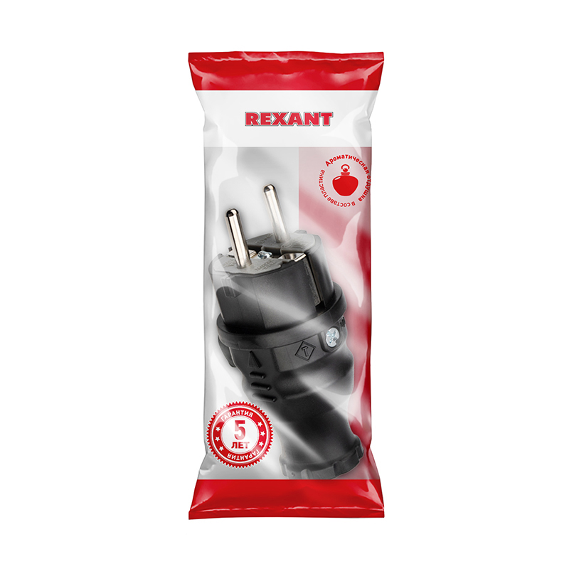 Вилка влагозащищенная прямая, с/з, 16А, IP44, каучук, черная REXANT