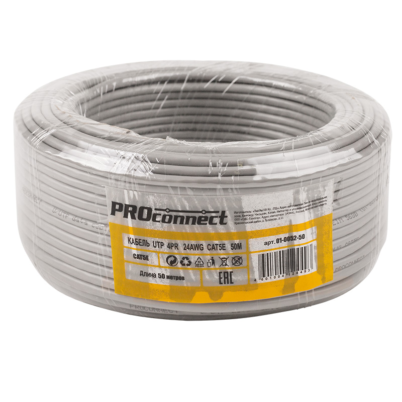    U/UTP, CAT 5e, PVC, 4PR, 24AWG, INDOOR, SOLID, , 50 PROconnect