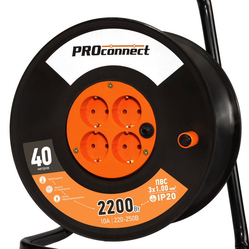 Удлинитель силовой на катушке 4 гнезда с/з 40м 3х1мм² PROconnect