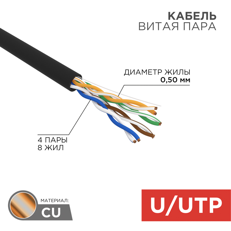 &#1050;&#1072;&#1073;&#1077;&#1083;&#1100; &#1074;&#1080;&#1090;&#1072;&#1103; &#1087;&#1072;&#1088;&#1072; U/UTP, CAT 5e, PE, 4PR, 24AWG, OUTDOOR, SOLID, &#1095;&#1077;&#1088;&#1085;&#1099;&#1081;, 305&#1084;, REXANT